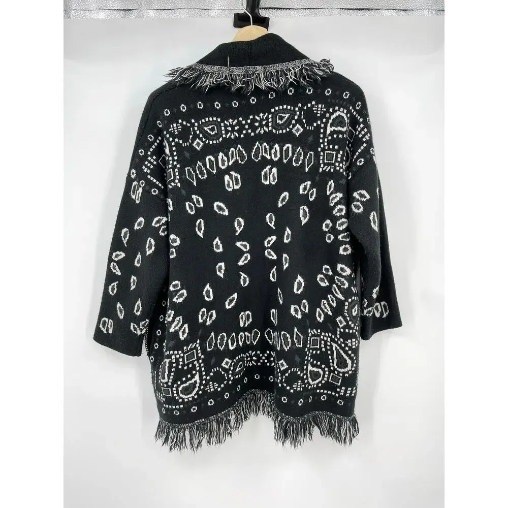 Made in Italy | Black White Paisley Jacquard Knit Fringe Cardigan *no belt* S